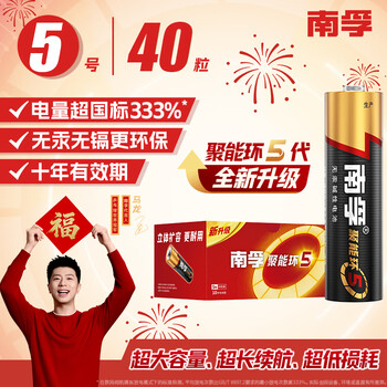 南孚5号电池40粒 五号碱性 聚能环5代 适用耳温枪/血糖仪/鼠标/遥控器/血压计/挂钟/电子锁/玩具等