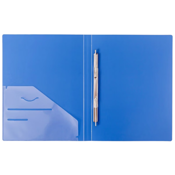 绿文A4蓝色单弹簧夹+插页袋活页文件夹两孔打孔文件夹 单蛇夹塑料打孔夹收纳夹 档案夹发票据夹 单个装