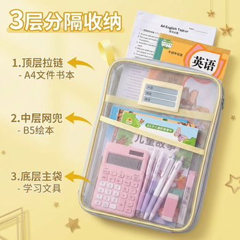 绿文L型学科科目分类袋大开口透明文件袋拉链式网纱拎书考试袋中小学生补习袋试卷收纳袋黄色单个