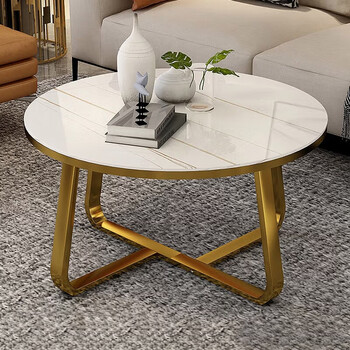 时黛家居 圆形茶几 办公客厅简约轻奢玻璃仿岩板纹小户型阳台圆几