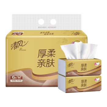 清风抽纸 厚柔4层80抽*6包M码 亲肤无刺激卫生纸抽 餐巾纸抽 提装纸巾