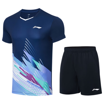 李宁T恤短裤套装男女同款速干凉爽比赛服AATT021 深航舰蓝-1 M