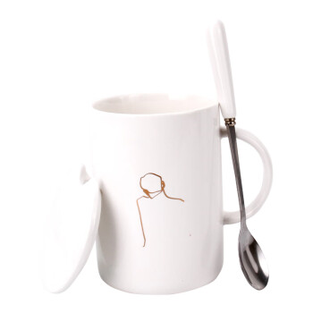 贝瑟斯 简约马克杯陶瓷杯喝水杯情侣杯子创意办公室杯子男士茶杯带盖带勺牛奶杯咖啡杯早餐杯 白色