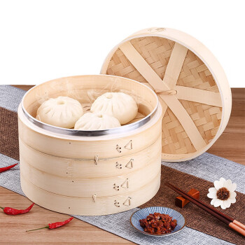 竹蒸笼小笼包手工竹制家用蒸器大小包子加高笼屉直径21cm两笼一盖