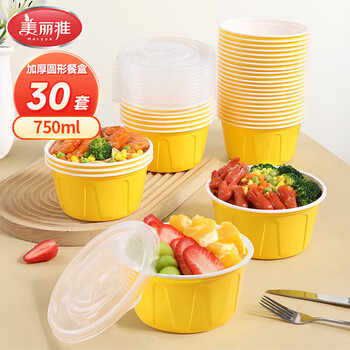 美丽雅一次性饭盒750ml*30套餐碗盒食品级耐高温加厚圆形带盖野餐可微波
