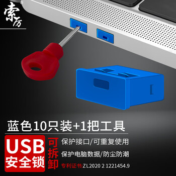 索厉usb端口锁 usb物理安全锁 usb锁封口塞 usb安全塞 usb 可拆卸防尘塞、蓝色10个+1把工具/20102