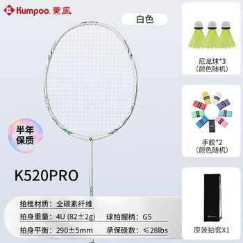 薰风（KUMPOO）羽毛球拍k520pro全碳素超轻攻防拍熏风初学训练比赛单拍白色