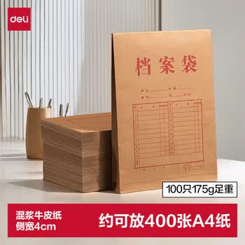 得力（deli）【大容量】100只A4混浆175g牛皮纸档案袋 票据标书票据收纳侧宽4cm标书合同文件资料袋 27048