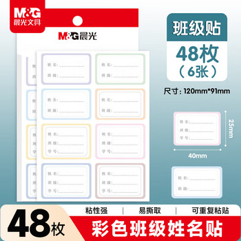晨光(M&G)文具48枚班级姓名贴 幼儿园儿童不干胶标签贴纸小学生课本手写名字自粘贴纸 班级贴YT-50