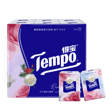 得宝（TEMPO）国际大师调香 玫瑰之域 对半撕手帕纸4层7张*12包  XL码纸巾小包
