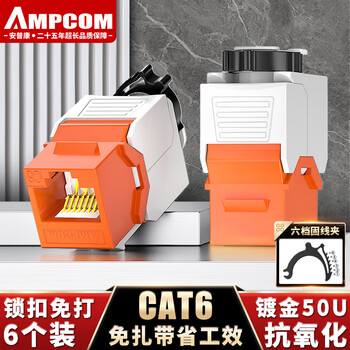 安普康（AMPCOM）网络面板模块 6个六类锁扣免打 非屏蔽CAT6类网线插座 千兆RJ45水晶头镀金UTP信息网口 AMC668OR