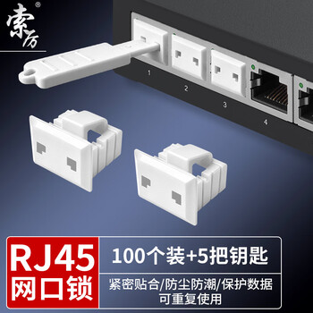 索厉 网口锁 可拆卸网口塞/RJ45端口锁/电脑交换机工控机/工具5把+白色100个/外盖式防尘塞/ 20200