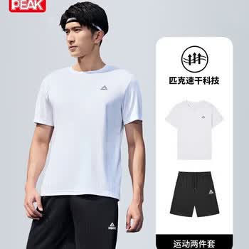 匹克羽毛球服男速干透气跑步健身宽松两件套短裤+短袖运动套装黑色 L