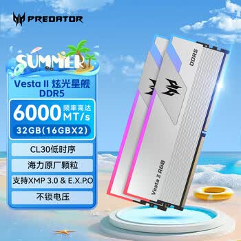 宏碁掠夺者(PREDATOR)32G(16G×2)套装 DDR5 6000频率 台式机内存条 Vesta II 炫光星舰RGB灯条(C30) 星光银 AI电脑配件