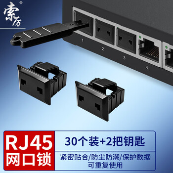 索厉 网口锁 可拆卸网口塞/RJ45端口锁/电脑交换机工控机/工具2把+黑色30个/外盖式网口防尘塞/20182