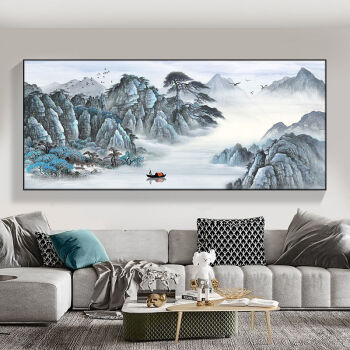 画办公室挂画横幅中国风山水国画am109迎客松210x90cm金色加厚铝合金