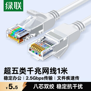 绿联超五类网线 千兆网络Cat5e超5类成品线 工程电脑宽带连接线 八芯8芯双绞跳线1米灰白色 45469