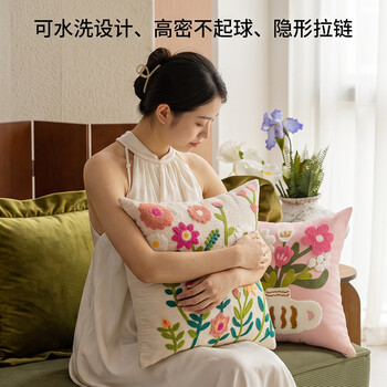 茵尚轻奢刺绣高档抱枕套客厅沙发靠垫花朵复古风装饰靠枕床头飘窗腰靠
