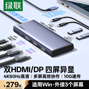 绿联Type-C3.2转双HDMI/DP四屏异显拓展坞USB-C外接三屏4K扩展坞10G转接多屏分屏器兼容雷电4接笔记本
