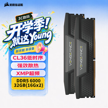 美商海盗船 (USCORSAIR) 32GB(16Gx2)套装 DDR5 6000 台式机内存条 复仇者系列 游戏条C36