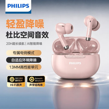 飞利浦（PHILIPS）半入耳式无线蓝牙耳机 超长续航 延迟低 AI智能降噪 360°全景环绕音 适用苹果华为 TAT2020 粉色