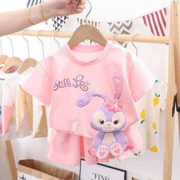 儿童时尚洋气婴儿衣服薄款女宝宝两件套林夏大图案套装粉色100码建议
