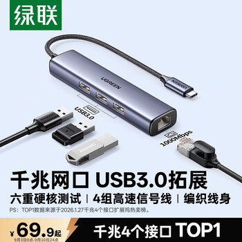 绿联Type-C转千兆扩展坞带网口拓展坞网线转接口USB网卡转接头通用苹果电脑转换器MacBook雷电笔记本