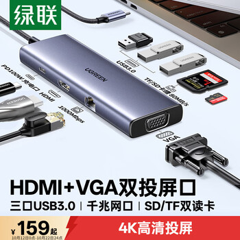 绿联Type-C扩展坞USB-C读卡器拓展坞HDMI网口转接HUB分线器适用苹果MacBook Air华为联想雷电4