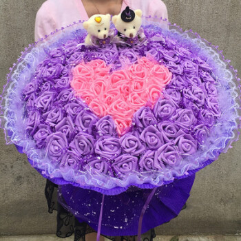 老师教师节花束99朵仿真玫瑰花假花生日表白求婚礼物 99朵紫色心形