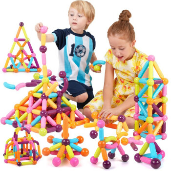 纽奇（Nukied）儿童积木玩具磁力棒磁铁棒儿童礼物男女孩1-3-6岁早教启蒙建构棒 大尺寸磁力棒64件套[收纳桶]