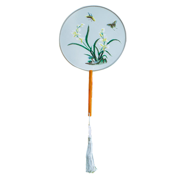 一海堂 文化 苏绣扇 文房复古摆件 非遗苏绣双面刺绣中国风团扇创意传统摆件赠女士礼物 苏绣扇圆形款-君子兰