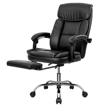 得力（deli） 带伸缩脚托老板椅 人体工学电脑椅 可躺皮椅子 87082 黑色