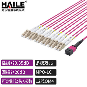 HAILE海乐 多模万兆MPO-LC12芯 40G转10G/100G转25G多模万兆OM4 MPO分支光纤线 20米 MPO-MTA12-LC-20M