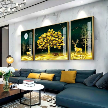 米囹沙发背景墙装饰画客厅冰晶玻璃画现代简约墙壁三联幅走廊挂画拉丝