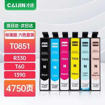 才进适用爱普生T0851墨盒六色套装大容量R330 T60 1390打印机墨水T085 PHOTO1390原装连供喷墨彩色复印一体机