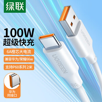 绿联US303 Type-C数据线100W超级快充6A充电线 通用安卓数据线(华为荣耀小米)白色2米 40208