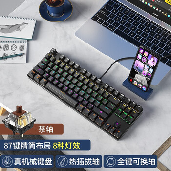 B.O.W航世G19 有线机械键盘 热插拔机械键盘 电脑办公键盘 电竞游戏键盘 87键混光键盘  茶轴 黑色