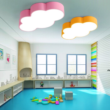 彩色LED简约创意云朵幼儿园大厅灯儿童房卧室灯母婴店吊灯 粉60cm配LED白光