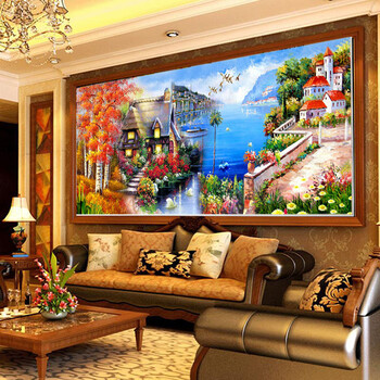 
                                        DMC尖顶魔方钻砖石绣海边小屋 3D新款钻石画客厅风景水晶圆钻十字绣 DMC尖顶魔方钻满钻 150*73cm                