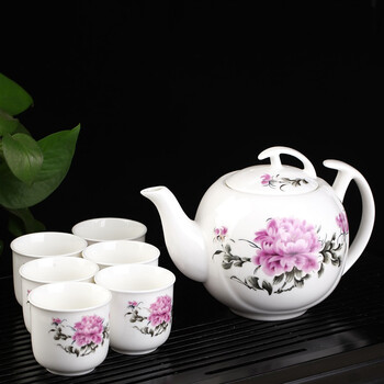 
                                        洁雅杰茶具套装 陶瓷茶具7件套(1茶壶6茶杯)大容量陶瓷茶壶套装 牡丹圆杯                