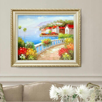 
                                        客厅装饰画欧式手绘油画玄关餐厅壁画地中海风景挂画 C2实木画框72x62cm                