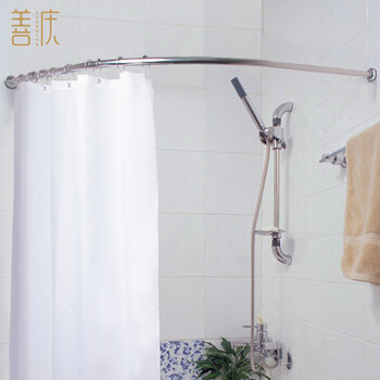 
                                        善庆 浴帘杆浴帘布套装弧形浴室l型304不锈钢淋浴杆打孔卫生间淋浴房 杆90*110+浴帘+挂环+2种钻头                