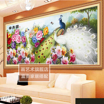 画艺术5D圆钻花开富贵绿羽孔雀家居客厅大幅挂画3D粘钻十字绣魔方钻钻石画 富贵图1.6米版