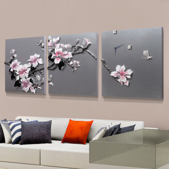 福雕家饰 现代装饰画客厅画沙发背景墙画 无框三联恬静雅致风格 家居浮雕画壁画挂画 紫荆花 红色 60*60*3