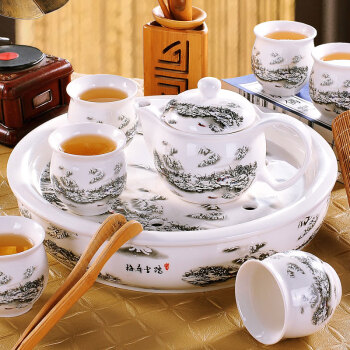 洛威  景德镇茶具套装整套陶瓷茶壶茶杯 青花瓷 双层带茶盘 L026雪景