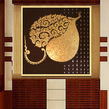 手绘泰式油画东南亚客厅卧室餐厅玄关壁炉装饰画泰式菩提叶电表箱 如图 带框50X50CM
