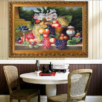 
                                        水竞欧式油画餐厅装饰画饭厅静物水果画古典挂画横幅壁炉壁画 W2古韵金实木画框 100*80                