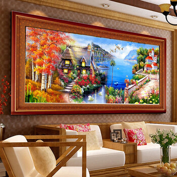 
                                        DMC尖顶魔方钻砖石绣海边小屋 3D新款钻石画客厅风景水晶圆钻十字绣 DMC尖顶魔方钻满钻 150*73cm                