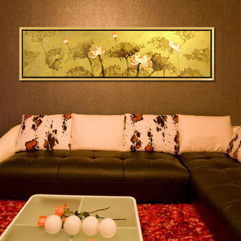 
                                        乐梵东南亚泰式风格油画有框画客厅卧室餐厅装饰画挂画荷花金箔荷花 50*120包含外框尺寸                