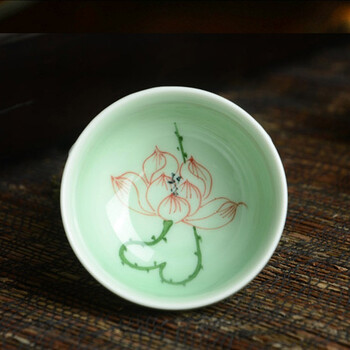 瓷恒堂 手绘荷花青瓷功夫茶具套装 陶瓷茶杯10头礼盒装